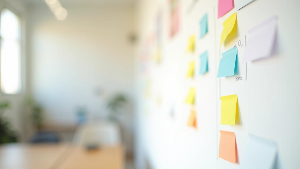 Pessoa a trabalhar com post-its coloridos e notas criativas numa parede branca