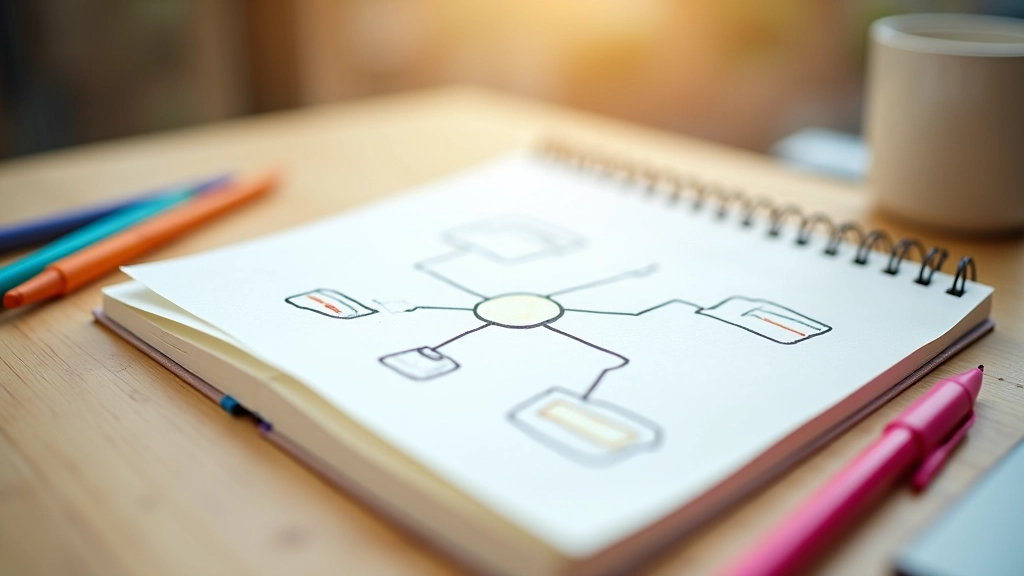 Caderno aberto com diagramas e setas mostrando conexões de ideias