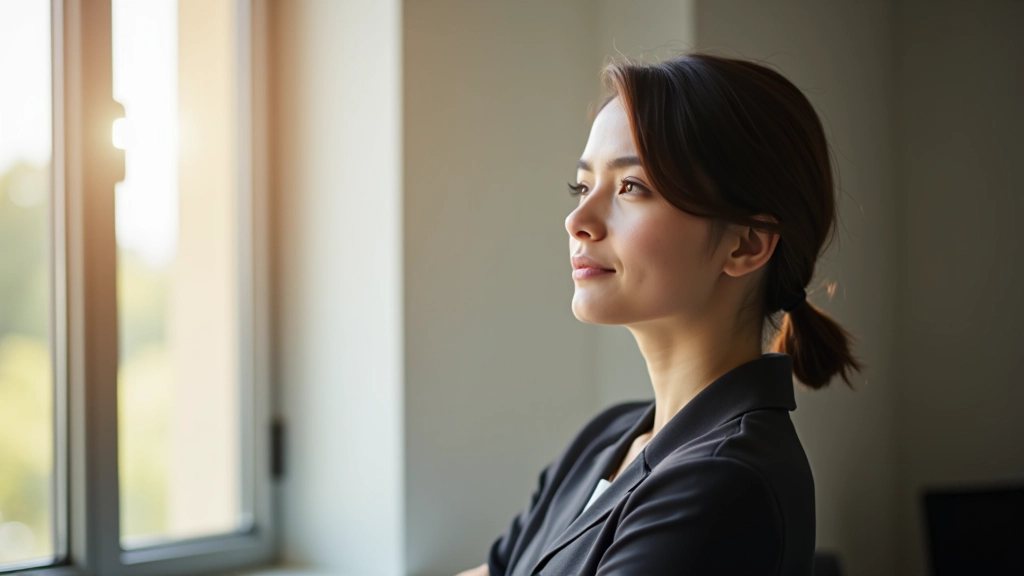 Pessoa contemplativa olhando pela janela com espaço de trabalho organizado ao fundo